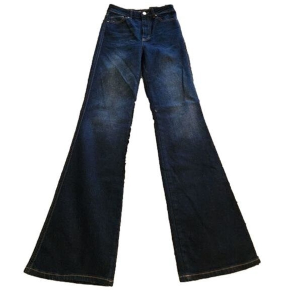 Zara High Rise Flare‎ Leg Denim Jeans Dark Wash Fitted Waist Wide Leg Trousers 4